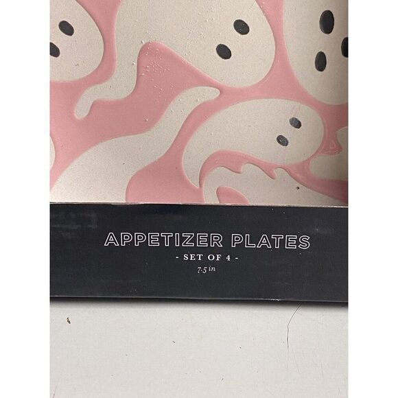 Set Of 4 Elum Home Halloween PINK & PURPLE Ghosts Ceramic Appetizer Plates 7.5” - Picture 3 of 9